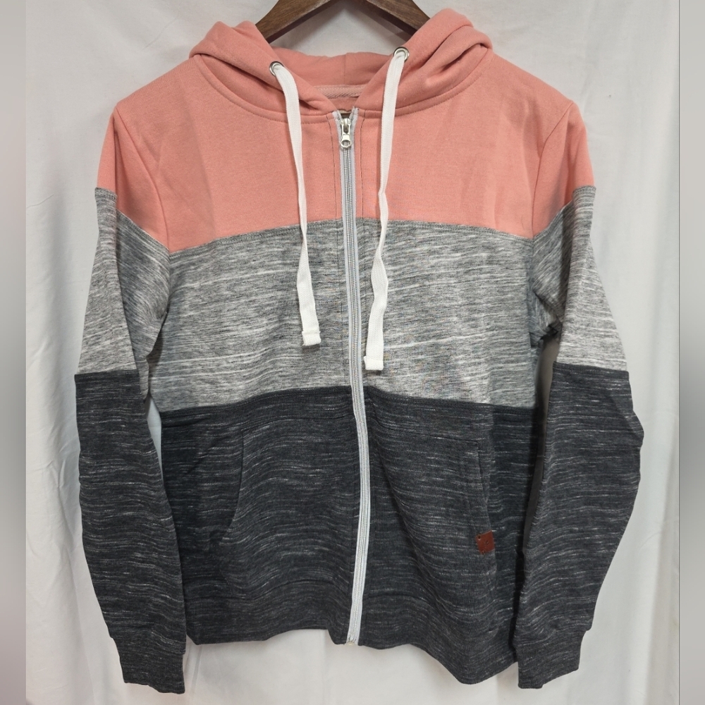 Colorblock Zip-Up Hoodie Doublju Size Medium Peach And Gray